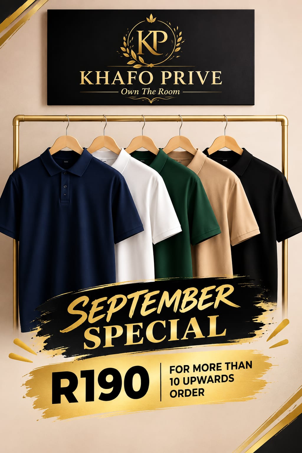 Khafo Prive golfers in navy, white, bottle green, beige and black — September Special, R190 each for 10 or more